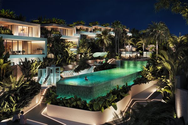 MUTTI Families Villas — communal pool at dusk